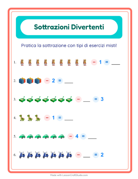 Anteprima della scheda di Sottrazione con Giocattoli per Scuola dell'infanzia (5-7 anni)