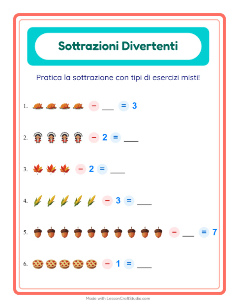 Anteprima della scheda di Sottrazione con Giorno del Ringraziamento per Scuola dell'infanzia (5-7 anni)