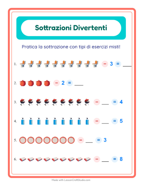 Anteprima della scheda di Sottrazione con In giro per casa per Scuola dell'infanzia (5-7 anni)
