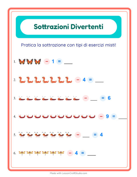 Anteprima della scheda di Sottrazione con Insetti e scarafaggi per Scuola dell'infanzia (5-7 anni)