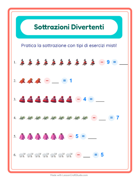 Anteprima della scheda di Sottrazione con Inverno per Scuola dell'infanzia (5-7 anni)