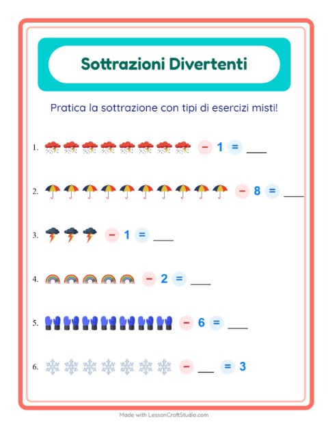 Anteprima della scheda di Sottrazione con Meteo per Scuola dell'infanzia (5-7 anni)