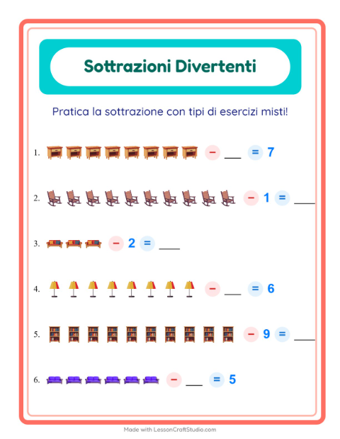 Anteprima della scheda di Sottrazione con Mobili per Scuola dell'infanzia (5-7 anni)