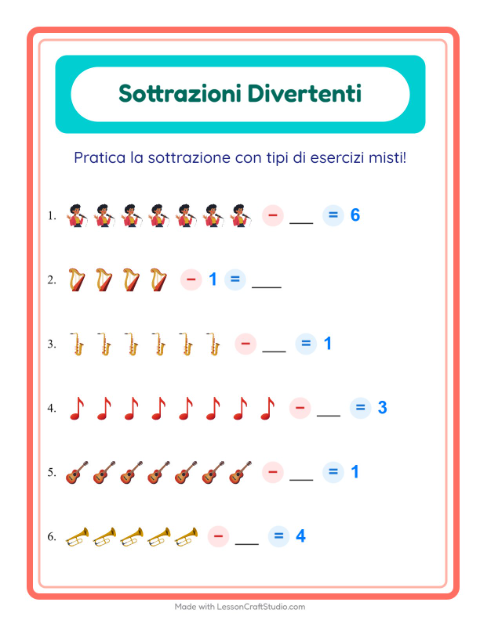 Anteprima della scheda di Sottrazione con Musica per Scuola dell'infanzia (5-7 anni)