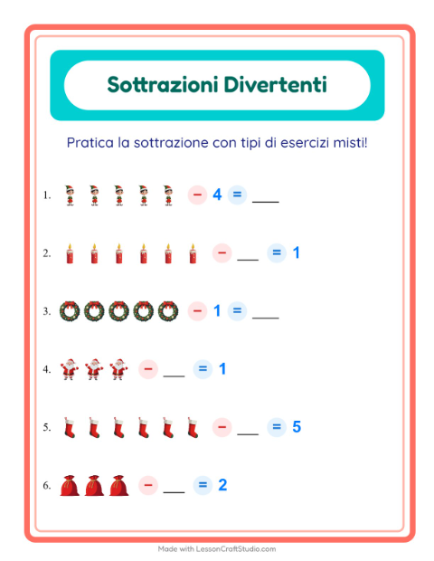 Anteprima della scheda di Sottrazione con Natale per Scuola dell'infanzia (5-7 anni)