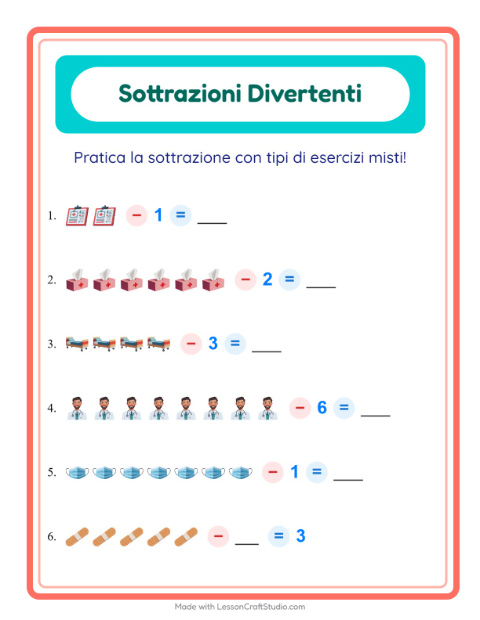 Anteprima della scheda di Sottrazione con Ospedale per Scuola dell'infanzia (5-7 anni)