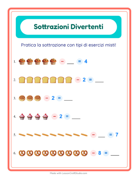 Anteprima della scheda di Sottrazione con Panetteria per Scuola dell'infanzia (5-7 anni)