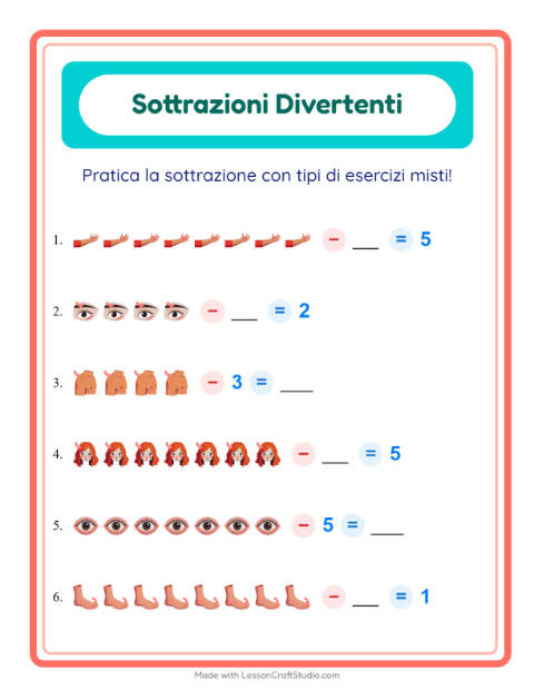 Anteprima della scheda di Sottrazione con Parti del corpo per Scuola dell'infanzia (5-7 anni)