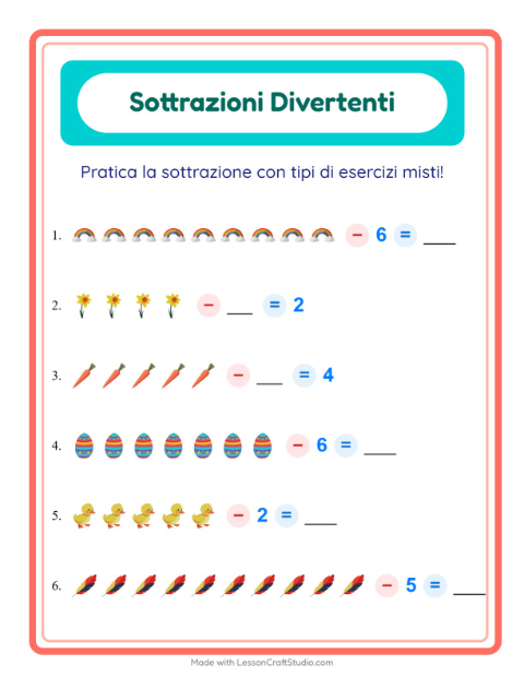 Anteprima della scheda di Sottrazione con Pasqua per Scuola dell'infanzia (5-7 anni)