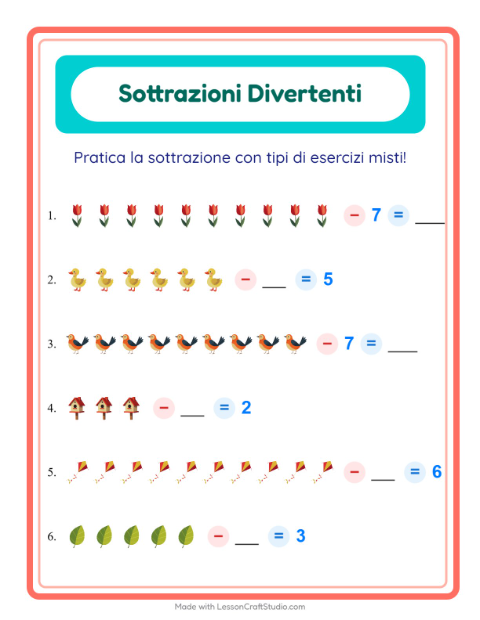 Anteprima della scheda di Sottrazione con Primavera per Scuola dell'infanzia (5-7 anni)
