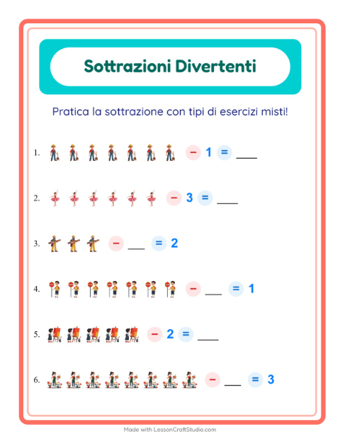 Anteprima della scheda di Sottrazione con Professioni per Scuola dell'infanzia (5-7 anni)