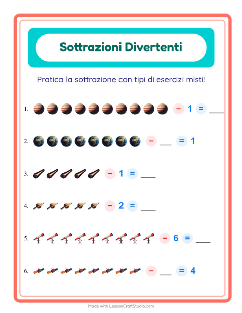 Anteprima della scheda di Sottrazione con Spazio per Scuola dell'infanzia (5-7 anni)