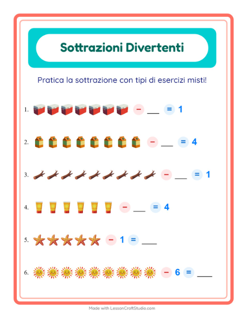 Anteprima della scheda di Sottrazione con Spiaggia per Scuola dell'infanzia (5-7 anni)