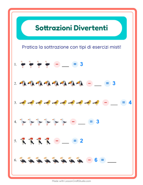 Anteprima della scheda di Sottrazione con Uccelli 2 per Scuola dell'infanzia (5-7 anni)