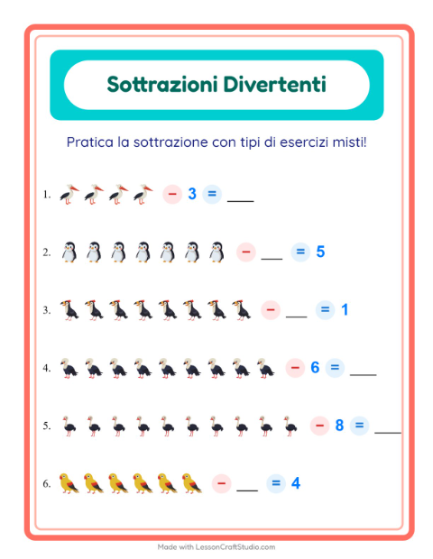 Anteprima della scheda di Sottrazione con Uccelli per Scuola dell'infanzia (5-7 anni)