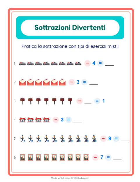 Anteprima della scheda di Sottrazione con Ufficio postale per Scuola dell'infanzia (5-7 anni)