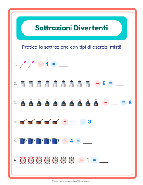 Anteprima della scheda di Sottrazione con Utensili da cucina per Scuola dell'infanzia (5-7 anni)