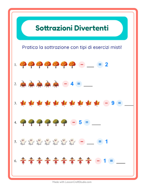 Anteprima della scheda di Sottrazione con Varie per Scuola dell'infanzia (5-7 anni)