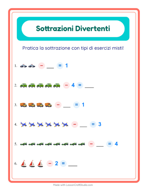 Anteprima della scheda di Sottrazione con Veicoli per Scuola dell'infanzia (5-7 anni)