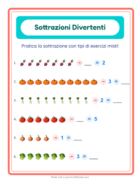 Anteprima della scheda di Sottrazione con Verdure per Scuola dell'infanzia (5-7 anni)