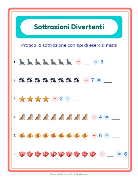 Anteprima della scheda di Sottrazione con Vita oceanica per Scuola dell'infanzia (5-7 anni)