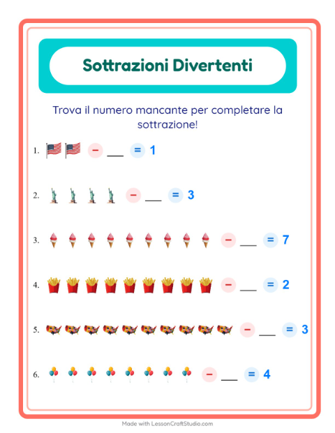 Anteprima della scheda di Sottrazione con 4 luglio per Scuola dell'infanzia (5-7 anni)