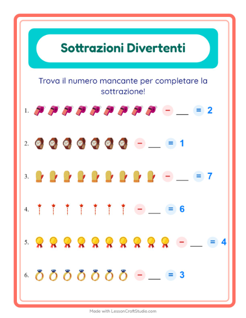 Anteprima della scheda di Sottrazione con Accessori per Scuola dell'infanzia (5-7 anni)