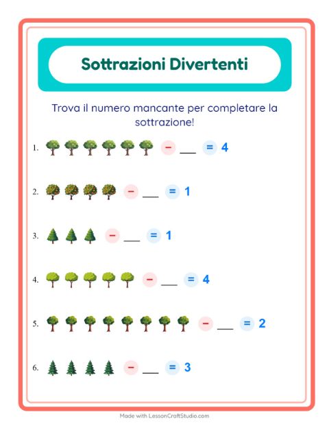 Anteprima della scheda di Sottrazione con Alberi per Scuola dell'infanzia (5-7 anni)