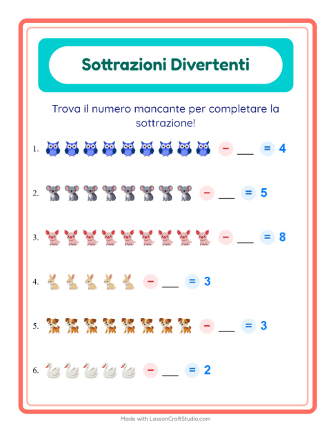 Anteprima della scheda di Sottrazione con Animali per Scuola dell'infanzia (5-7 anni)
