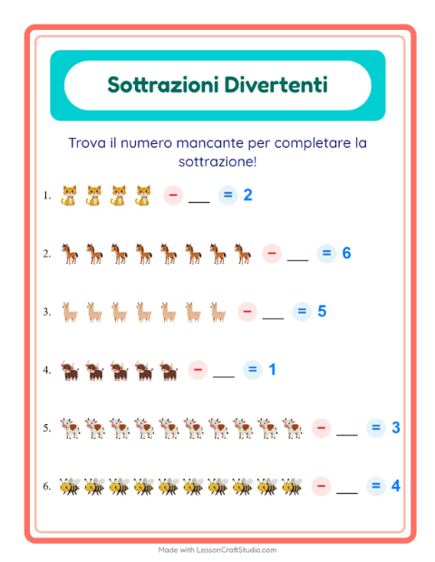Anteprima della scheda di Sottrazione con Animali della fattoria per Scuola dell'infanzia (5-7 anni)