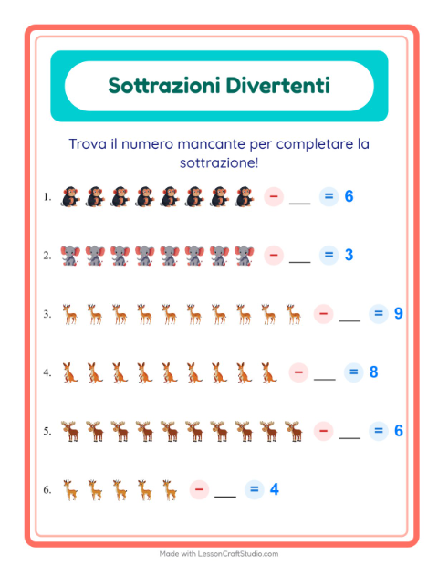 Anteprima della scheda di Sottrazione con Animali dello zoo per Scuola dell'infanzia (5-7 anni)