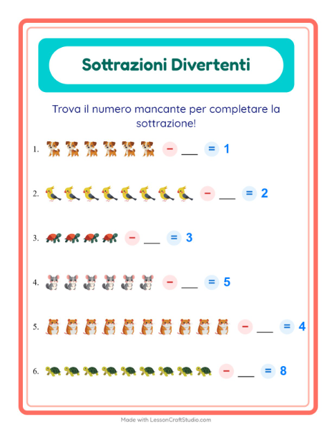 Anteprima della scheda di Sottrazione con Animali domestici per Scuola dell'infanzia (5-7 anni)