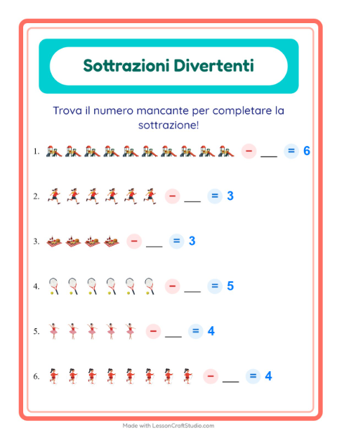 Anteprima della scheda di Sottrazione con Attività per Scuola dell'infanzia (5-7 anni)