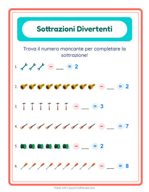 Anteprima della scheda di Sottrazione con Attrezzi per Scuola dell'infanzia (5-7 anni)