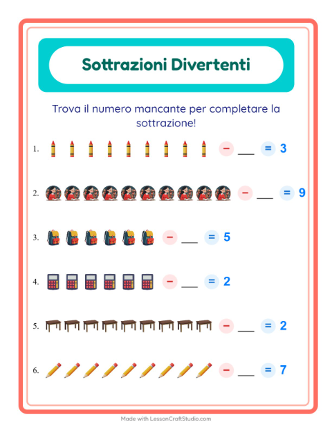 Anteprima della scheda di Sottrazione con Aula per Scuola dell'infanzia (5-7 anni)