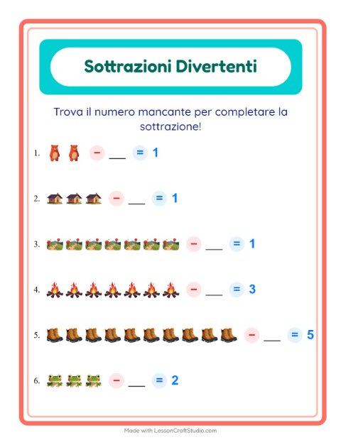 Anteprima della scheda di Sottrazione con Campeggio per Scuola dell'infanzia (5-7 anni)