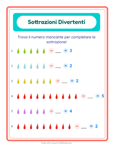 Anteprima della scheda di Sottrazione con Colori per Scuola dell'infanzia (5-7 anni)