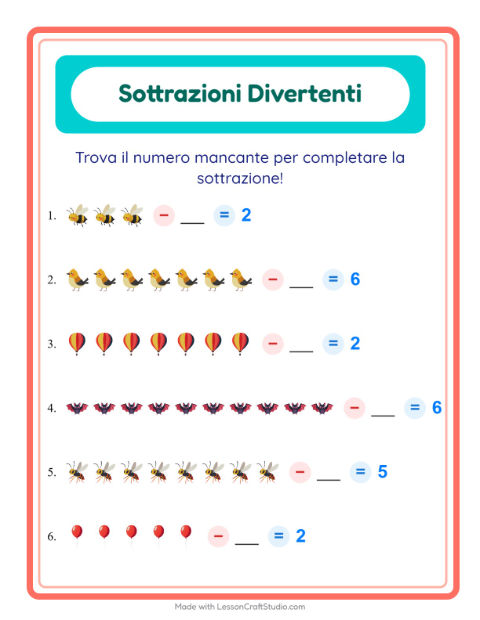 Anteprima della scheda di Sottrazione con Cose che volano per Scuola dell'infanzia (5-7 anni)