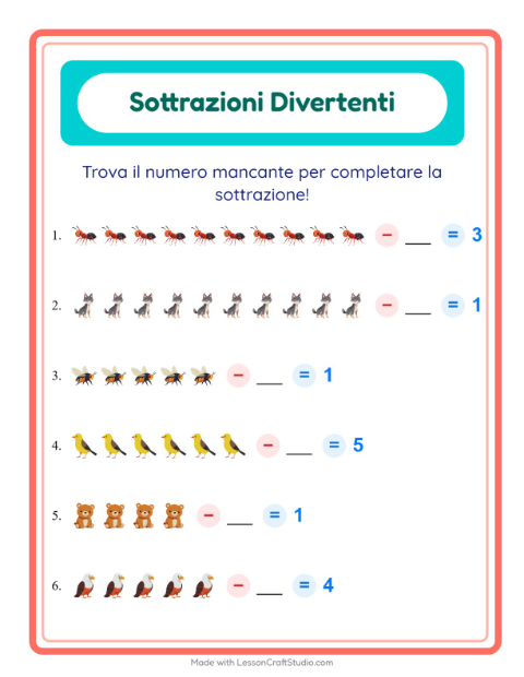 Anteprima della scheda di Sottrazione con Creature della foresta per Scuola dell'infanzia (5-7 anni)
