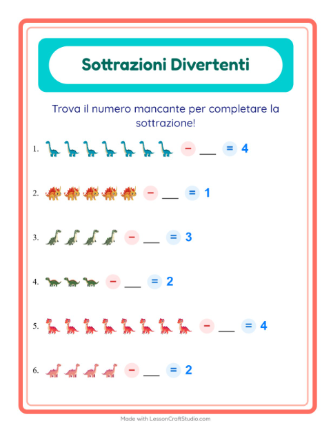 Anteprima della scheda di Sottrazione con Dinosauri per Scuola dell'infanzia (5-7 anni)