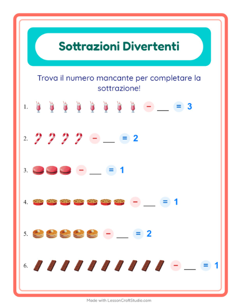 Anteprima della scheda di Sottrazione con Dolci e dolciumi per Scuola dell'infanzia (5-7 anni)