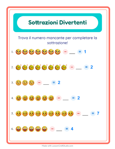 Anteprima della scheda di Sottrazione con Emozioni per Scuola dell'infanzia (5-7 anni)