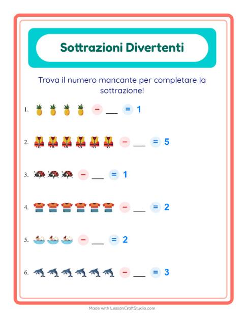 Anteprima della scheda di Sottrazione con Estate per Scuola dell'infanzia (5-7 anni)