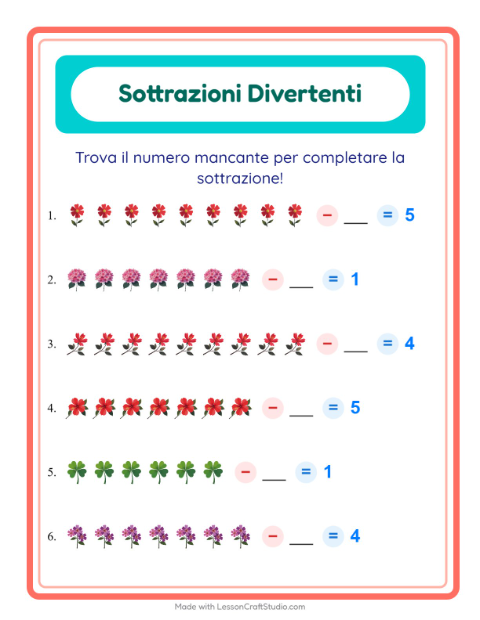 Anteprima della scheda di Sottrazione con Fiori per Scuola dell'infanzia (5-7 anni)
