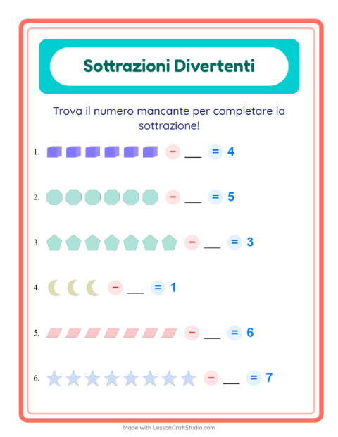 Anteprima della scheda di Sottrazione con Forme per Scuola dell'infanzia (5-7 anni)