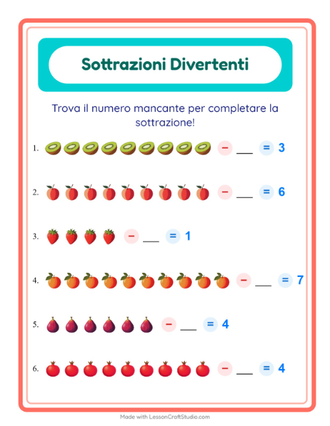 Anteprima della scheda di Sottrazione con Frutta per Scuola dell'infanzia (5-7 anni)