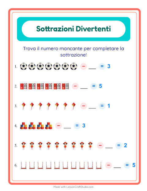 Anteprima della scheda di Sottrazione con Giocattoli per Scuola dell'infanzia (5-7 anni)