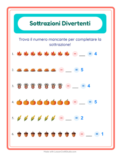 Anteprima della scheda di Sottrazione con Giorno del Ringraziamento per Scuola dell'infanzia (5-7 anni)