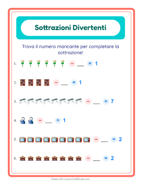Anteprima della scheda di Sottrazione con In giro per casa per Scuola dell'infanzia (5-7 anni)