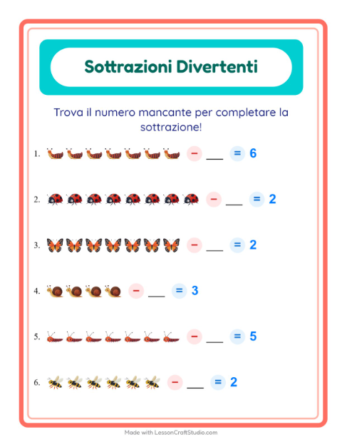 Anteprima della scheda di Sottrazione con Insetti e scarafaggi per Scuola dell'infanzia (5-7 anni)